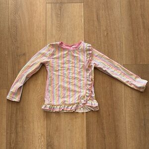 Ruffle Butts Striped Pink Kids Swim Shirt with Ruffle Detail - rashguard